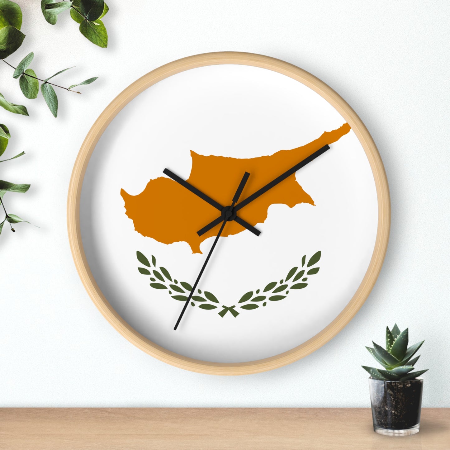 Cyprus Map Wall Clock - Modern Home Decor with Olive Wreath Design