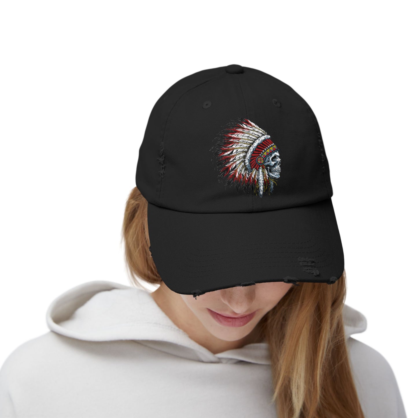 Unisex Distressed Cap with Skull and Native American Headdress Design