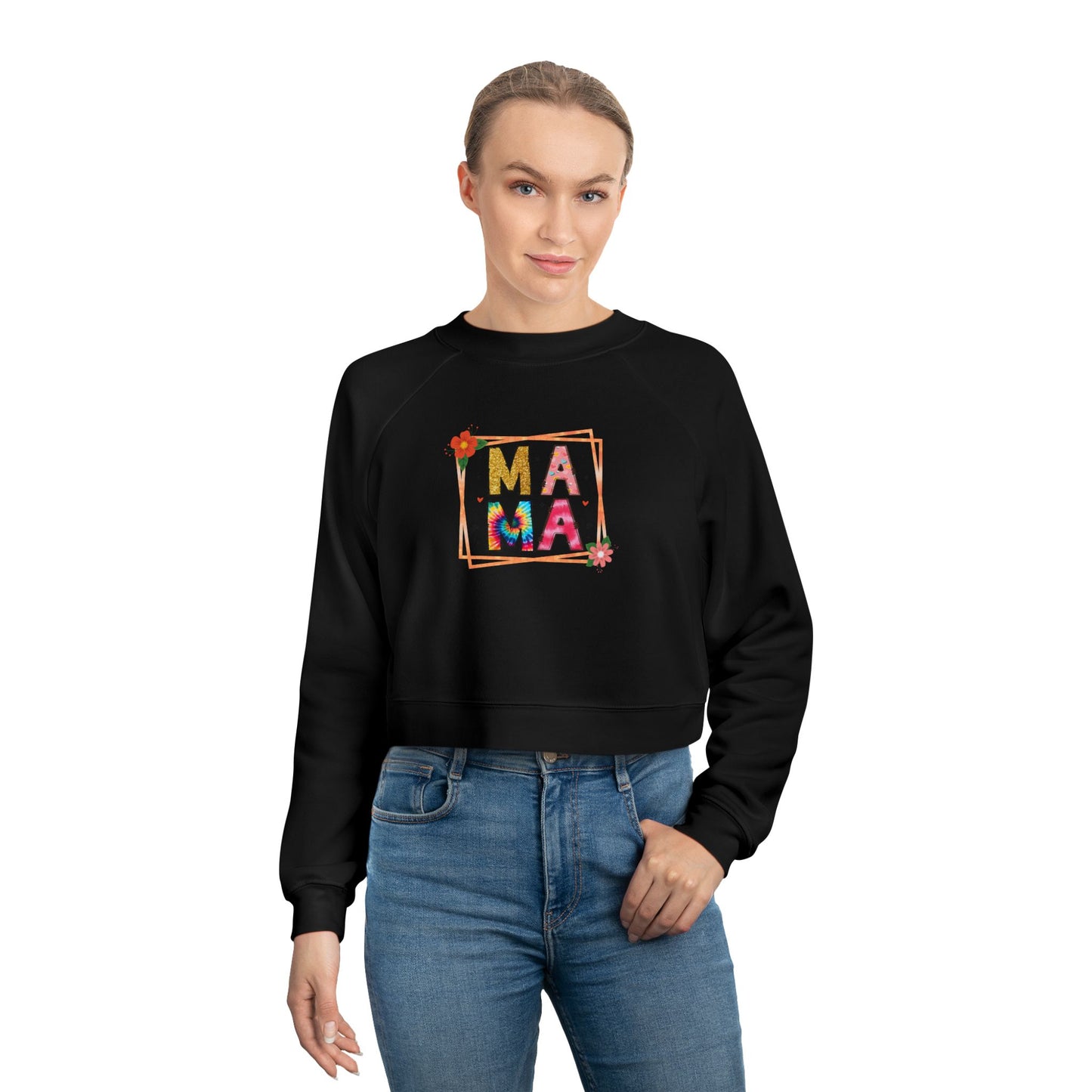 Women's Cropped Fleece Pullover Floral 'Mama' Graphic - Perfect Gift for Moms