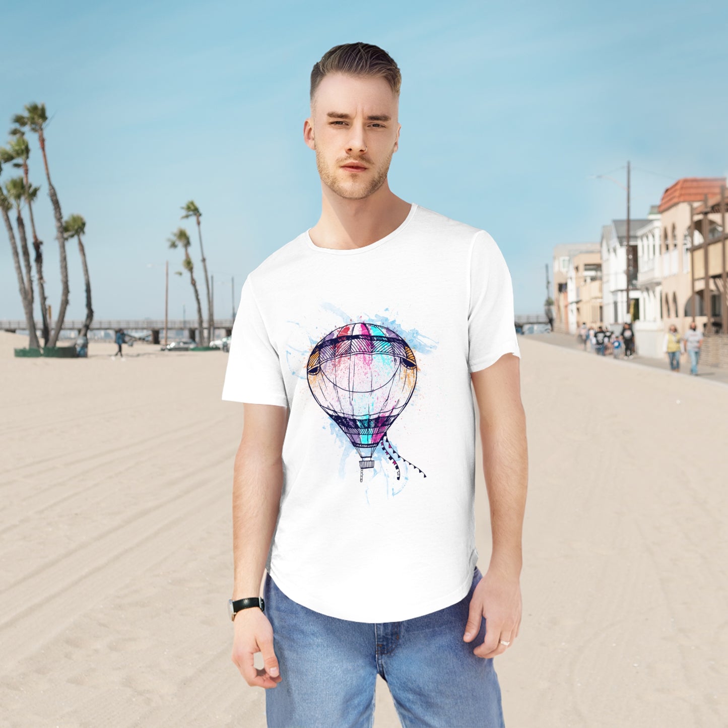 Men's T-shirt for Adventure Lovers Colorful Hot Air Balloon Curved Hem Tee