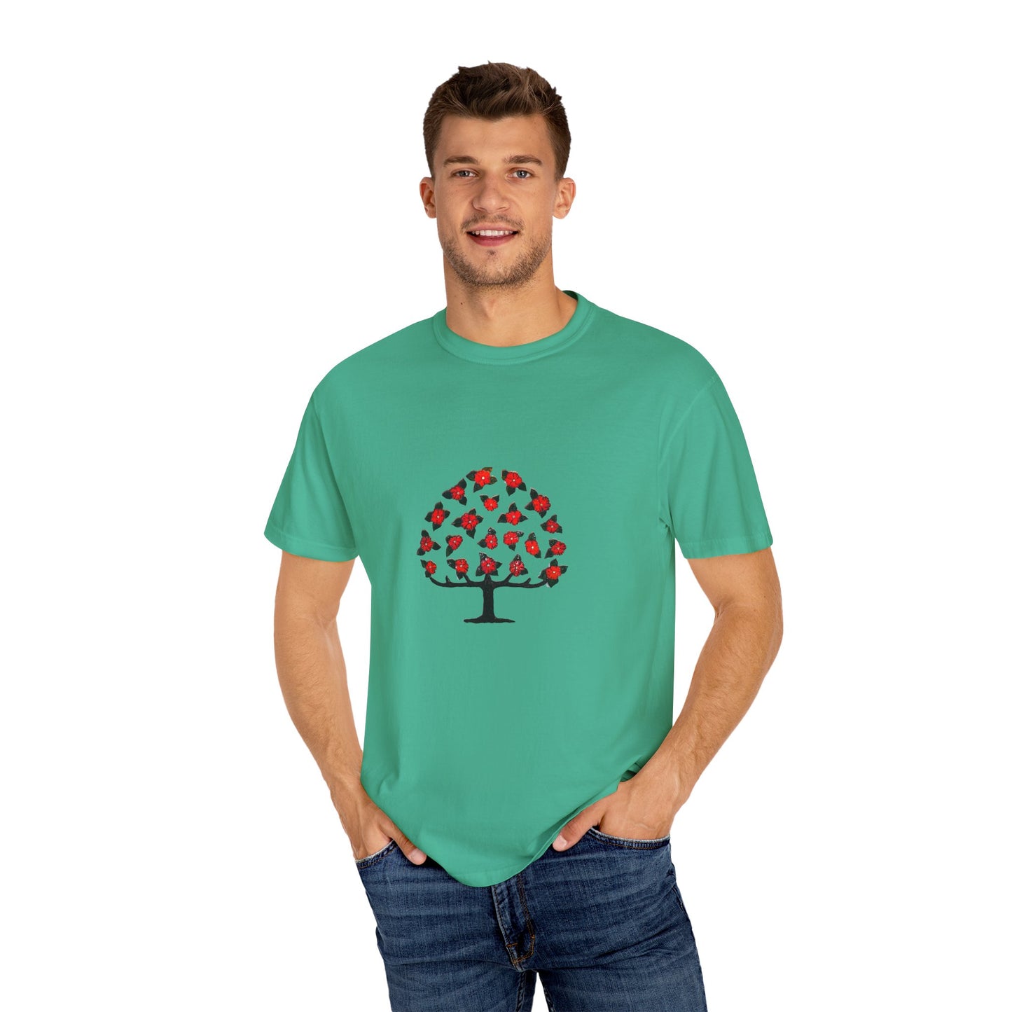 Unisex Garment-Dyed T-Shirt with Blooming Tree Design - Eco-Friendly Fashion