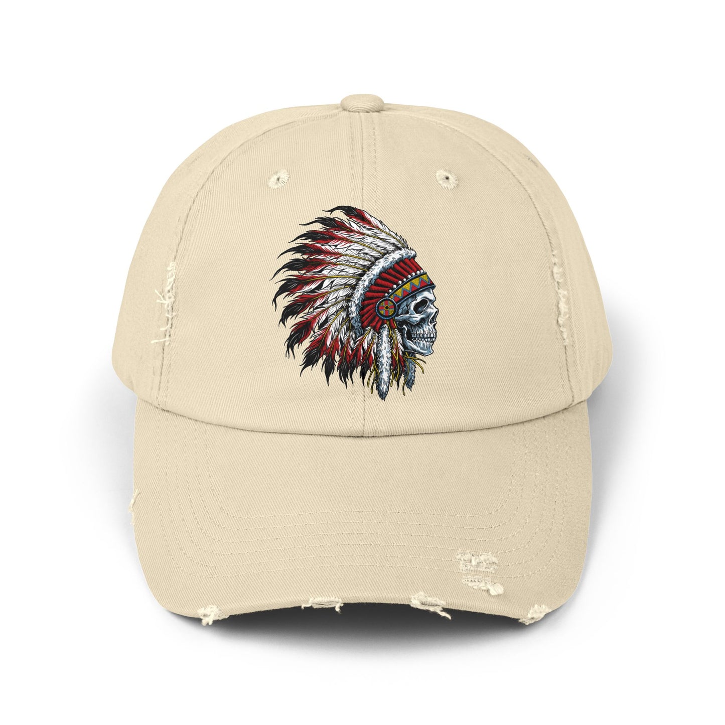Unisex Distressed Cap with Skull and Native American Headdress Design