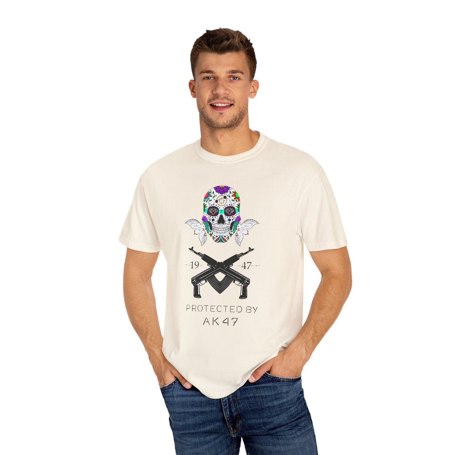 Men T-Shirt Floral Skull Design - Protected by AK47