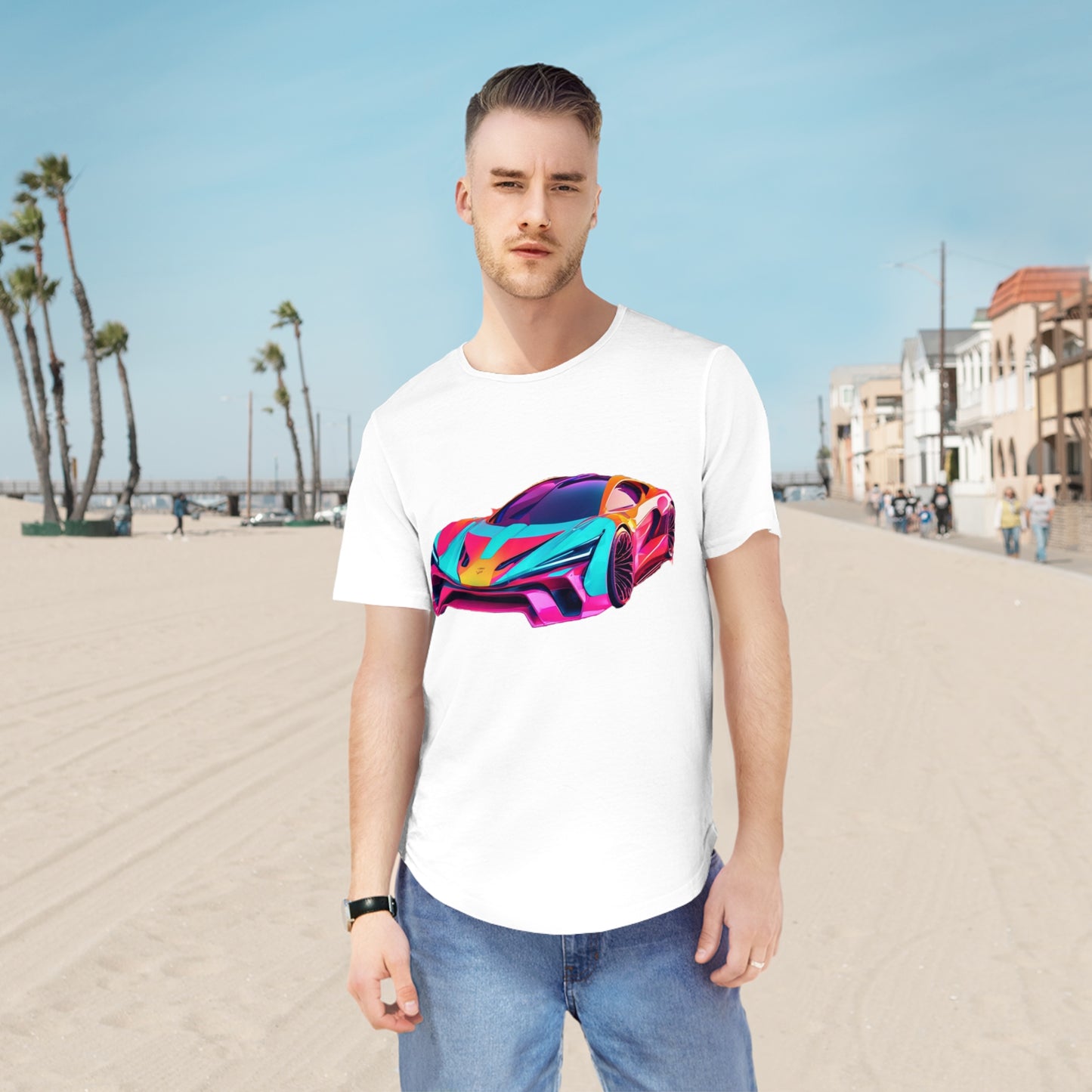 Men's Jersey Curved Hem Tee - Colorful Sports Car Design