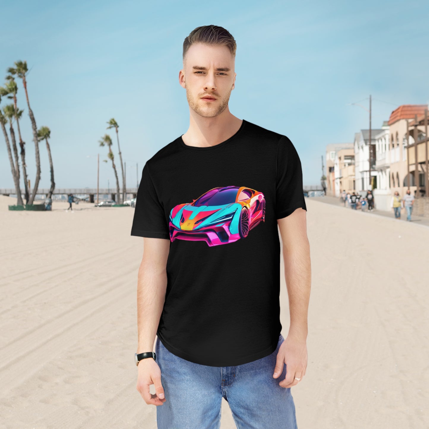 Men's Jersey Curved Hem Tee - Colorful Sports Car Design