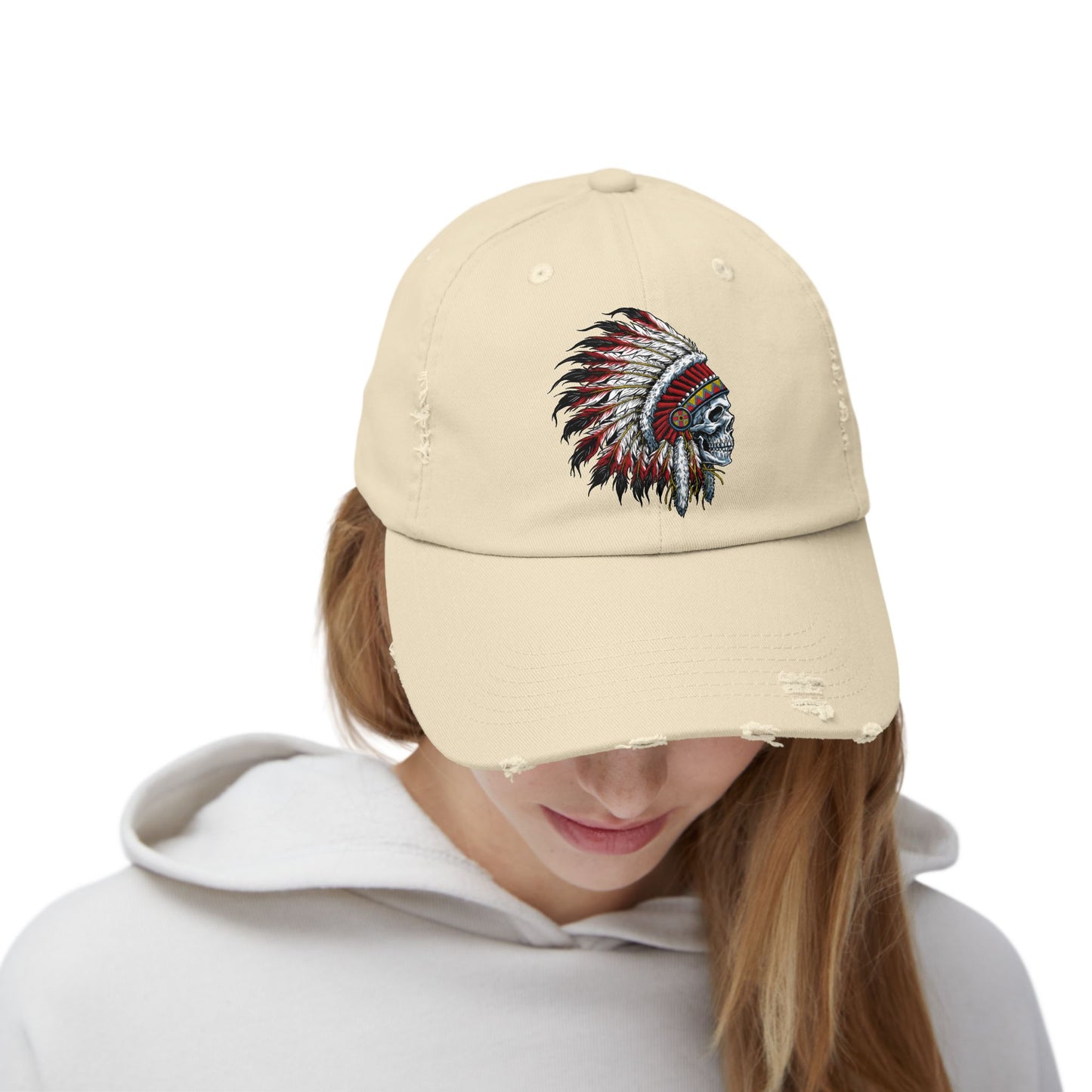 Unisex Distressed Cap with Skull and Native American Headdress Design