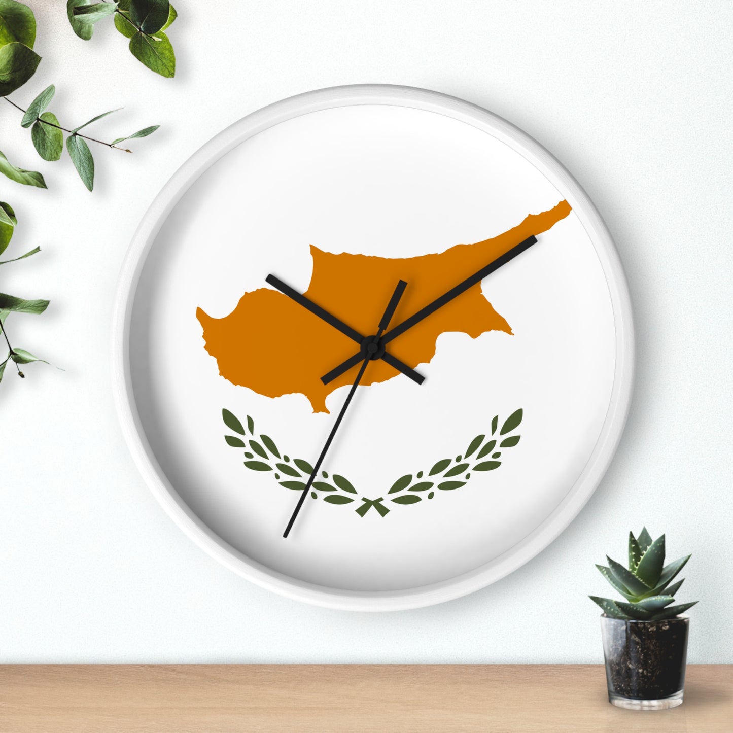 Cyprus Map Wall Clock - Modern Home Decor with Olive Wreath Design