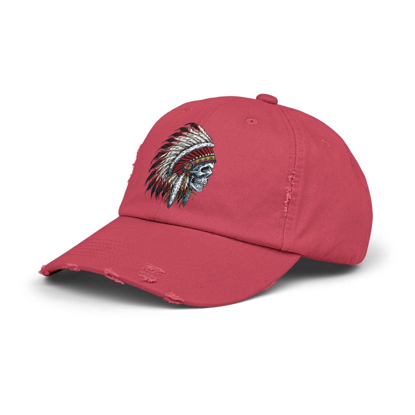 Unisex Distressed Cap with Skull and Native American Headdress Design