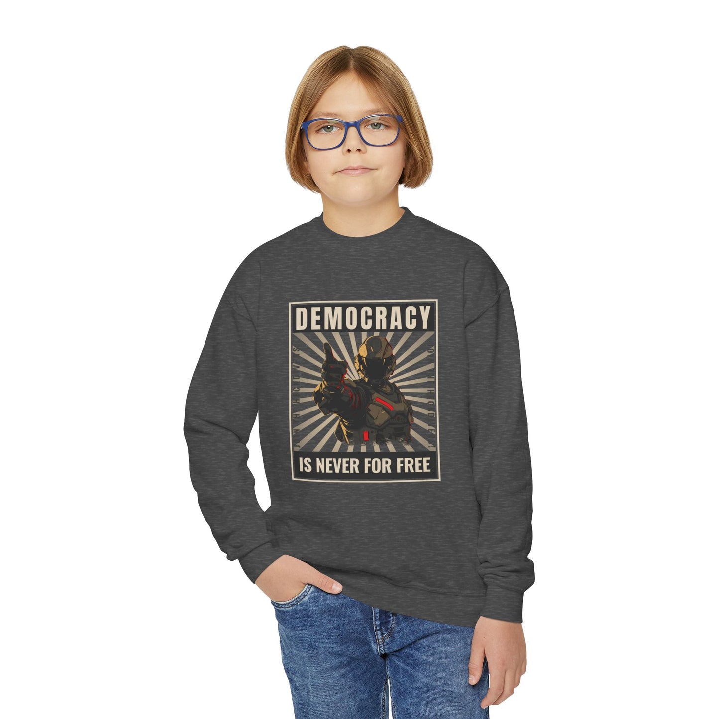 Youth Crewneck Sweatshirt - "Democracy is Never for Free" Graphic