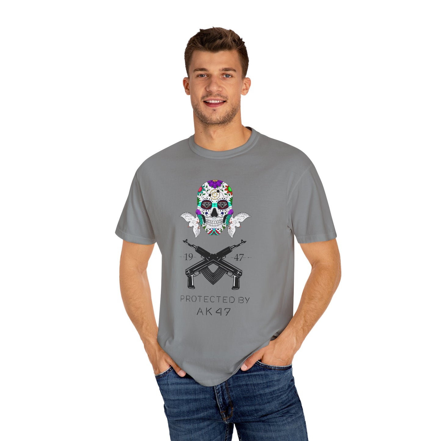 Men T-Shirt Floral Skull Design - Protected by AK47