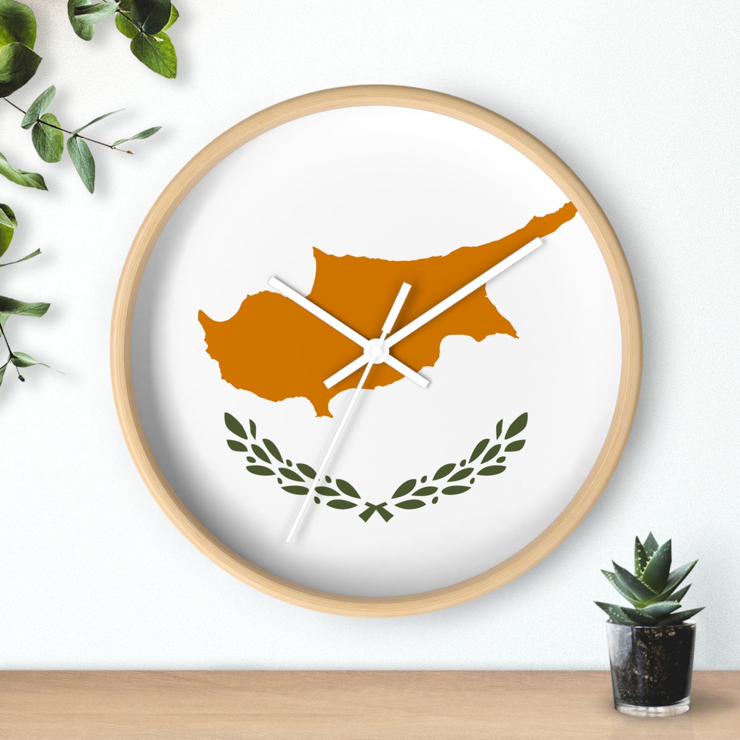 Cyprus Map Wall Clock - Modern Home Decor with Olive Wreath Design