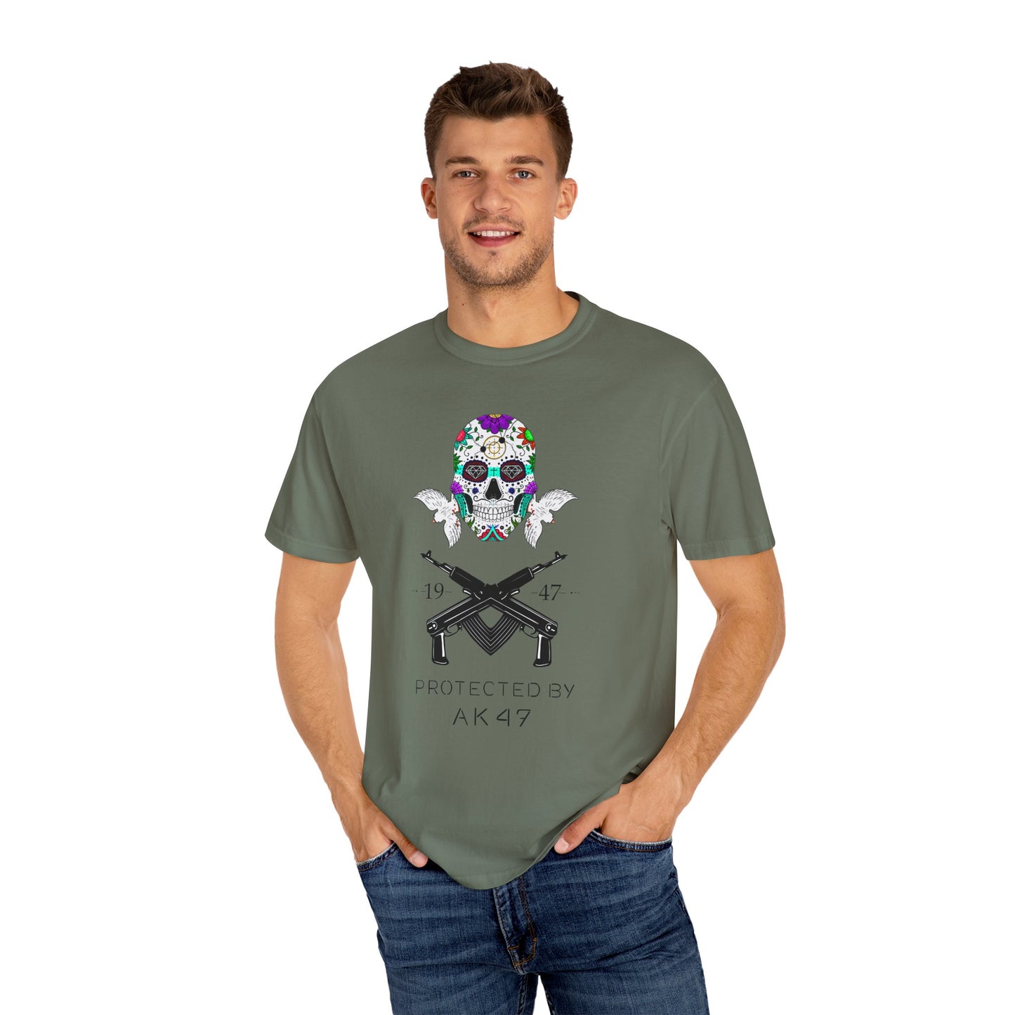 Men T-Shirt Floral Skull Design - Protected by AK47