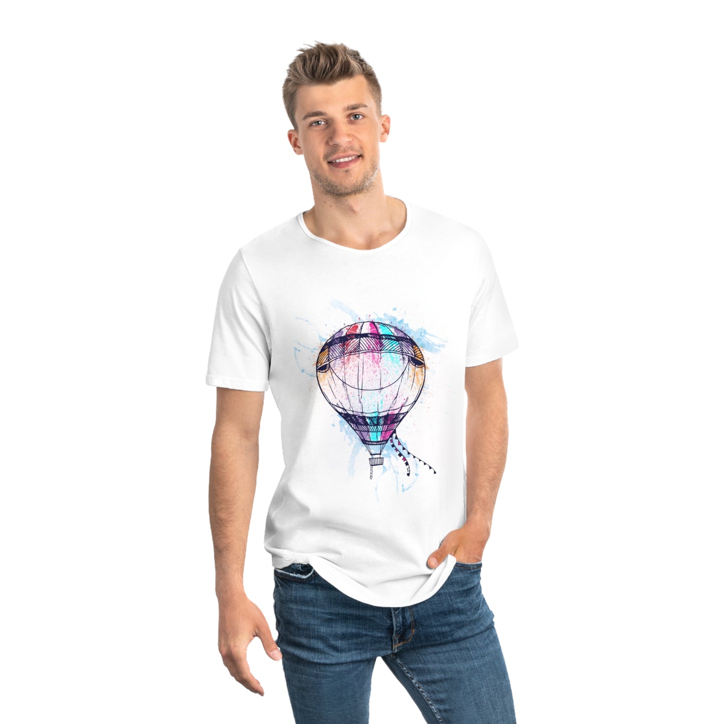 Men's T-shirt for Adventure Lovers Colorful Hot Air Balloon Curved Hem Tee