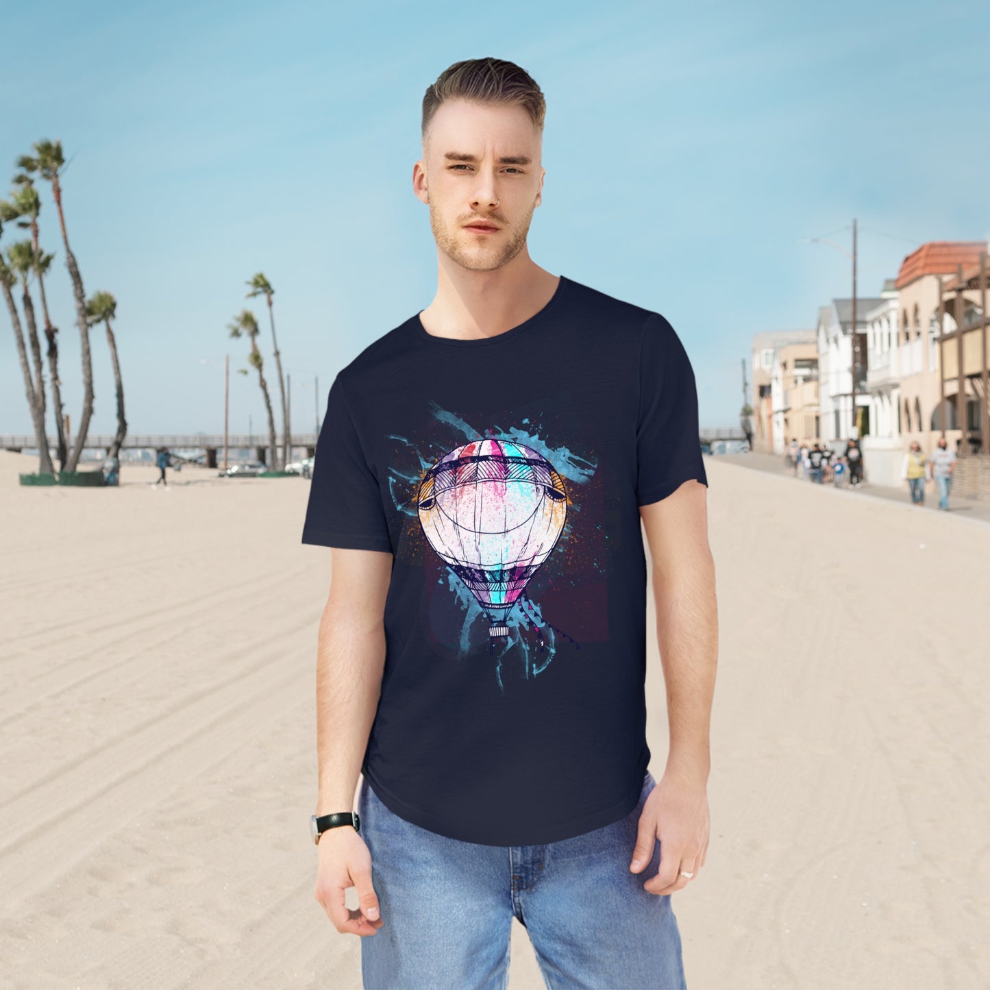 Men's T-shirt for Adventure Lovers Colorful Hot Air Balloon Curved Hem Tee