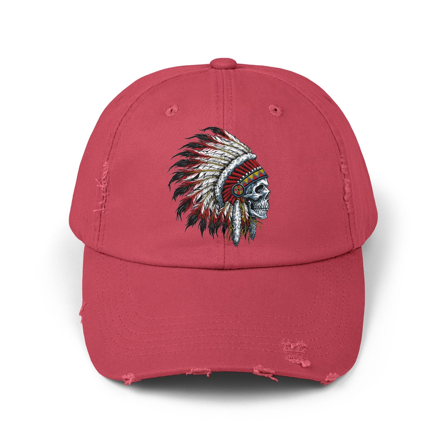 Unisex Distressed Cap with Skull and Native American Headdress Design