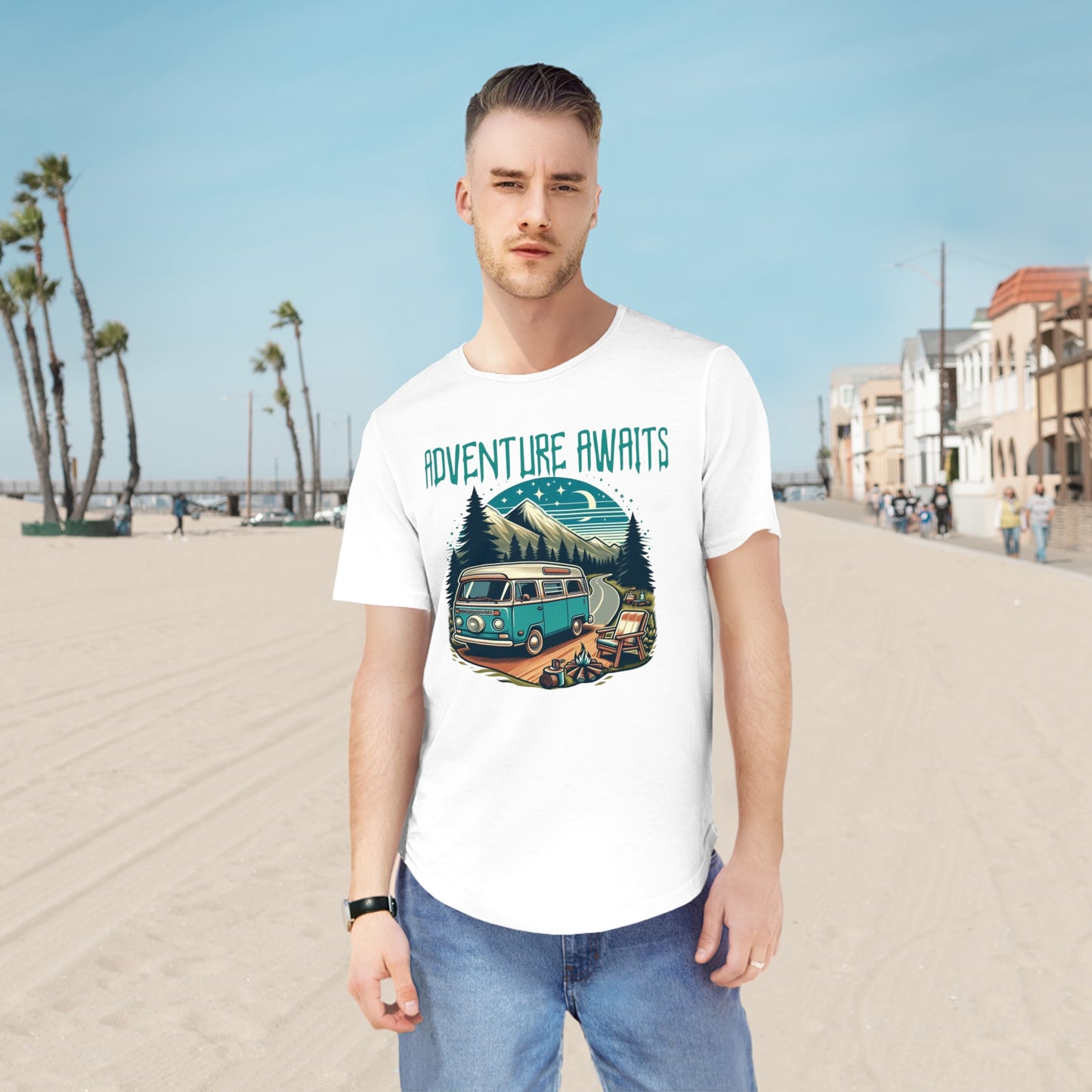 Adventure Awaits Curved Hem Men's Tee – Ideal for Outdoor Enthusiasts