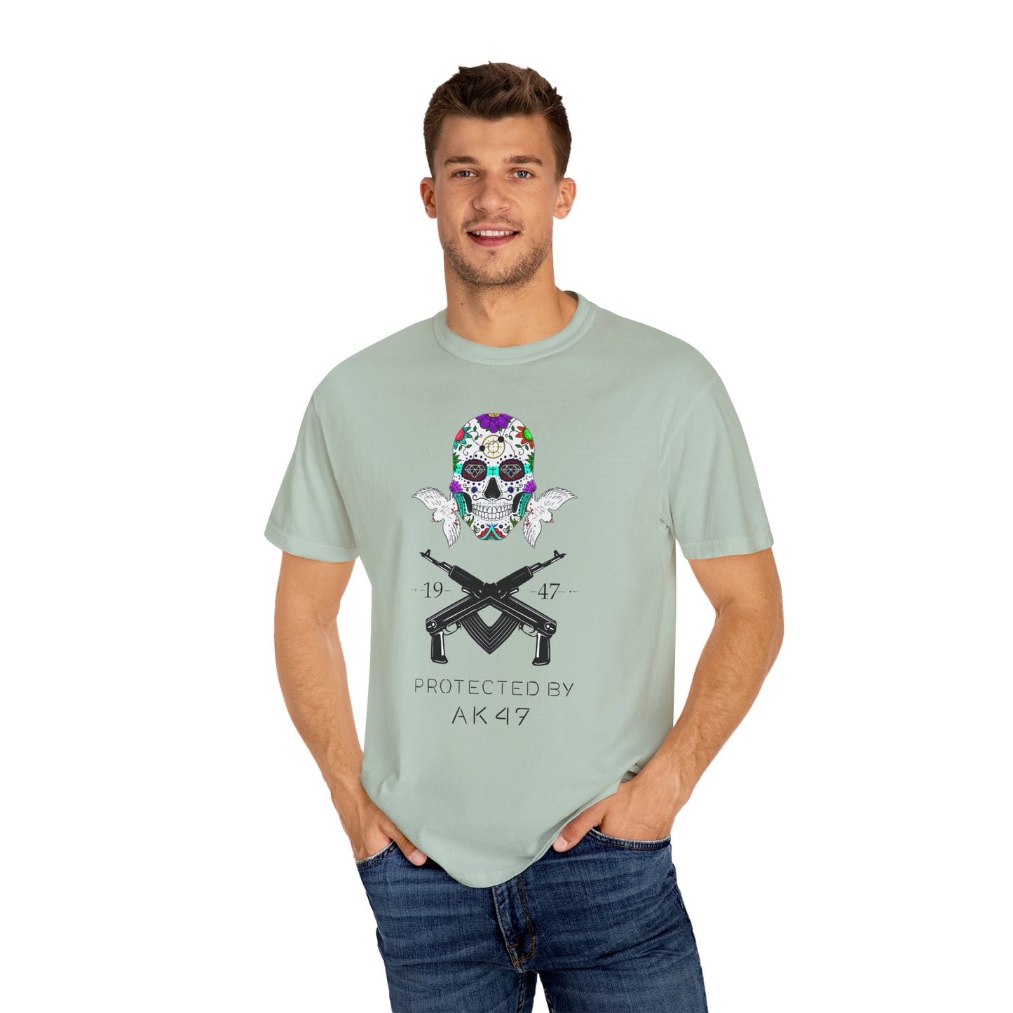 Men T-Shirt Floral Skull Design - Protected by AK47