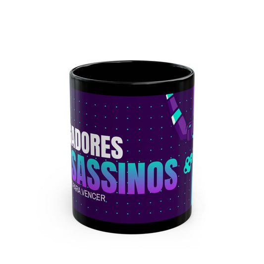 Motivational Gaming Black Coffee Mug JOGADORES ASSASSINOS – Perfect for Gamers