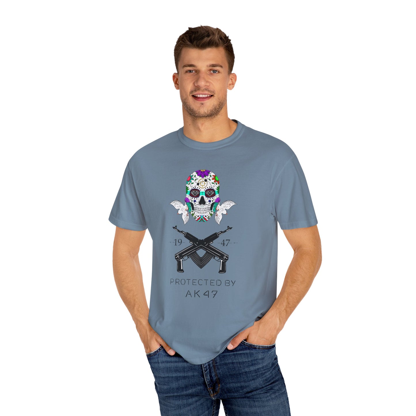 Men T-Shirt Floral Skull Design - Protected by AK47