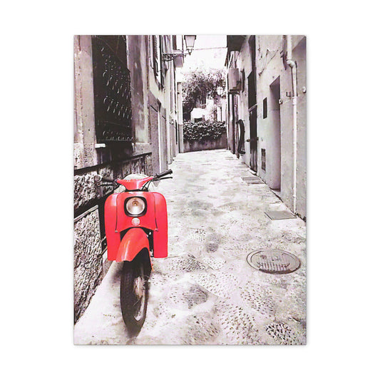 Red Scooter Canvas Wall Art | Vintage Street Photography Decor