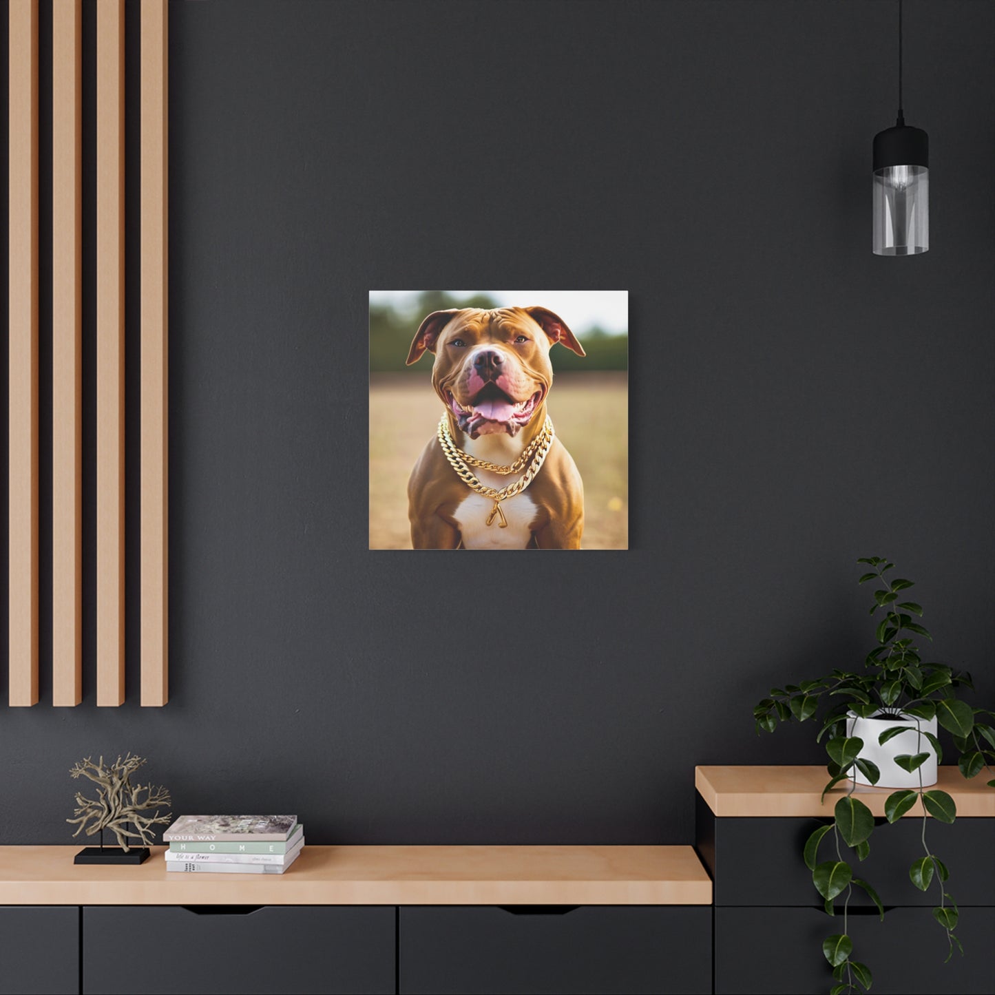 Pitbull with gold chain Canvas Wall Art - 12x12" Stretched Matte Print