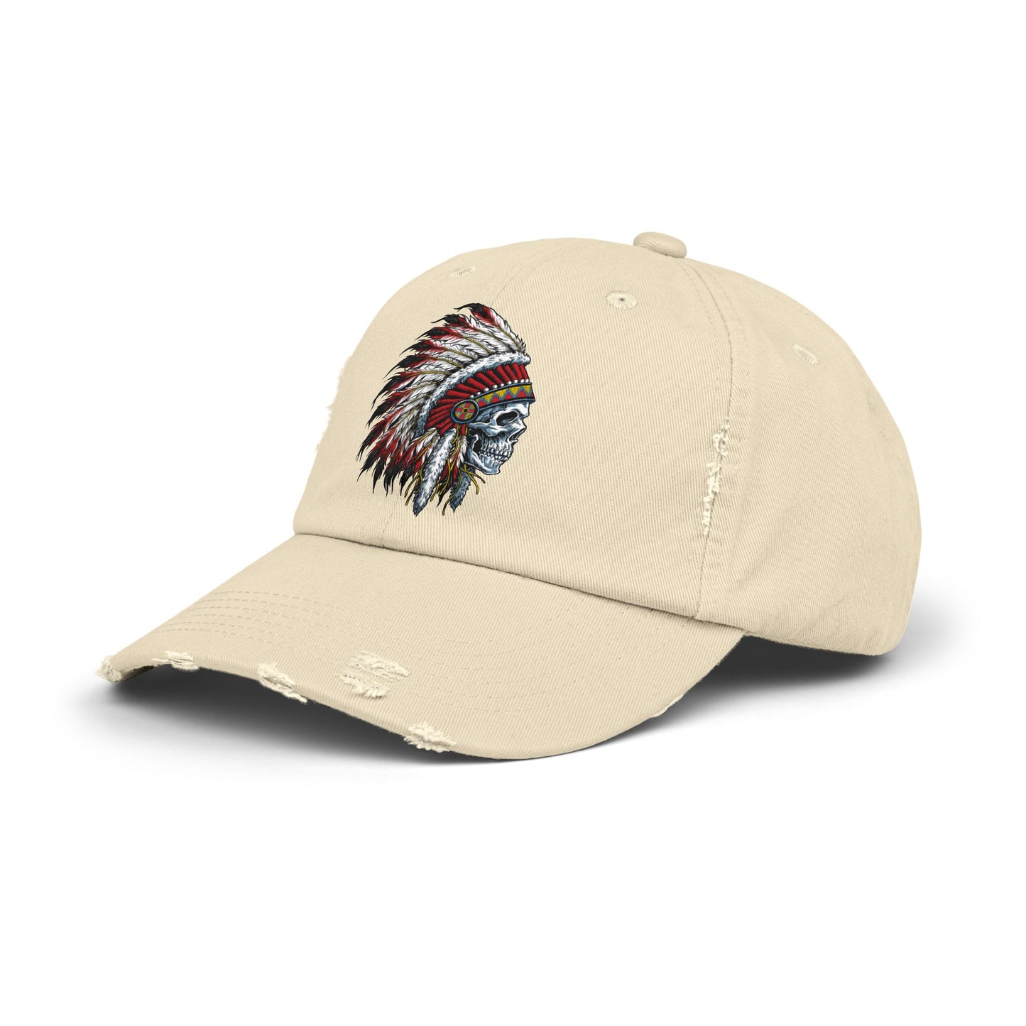 Unisex Distressed Cap with Skull and Native American Headdress Design