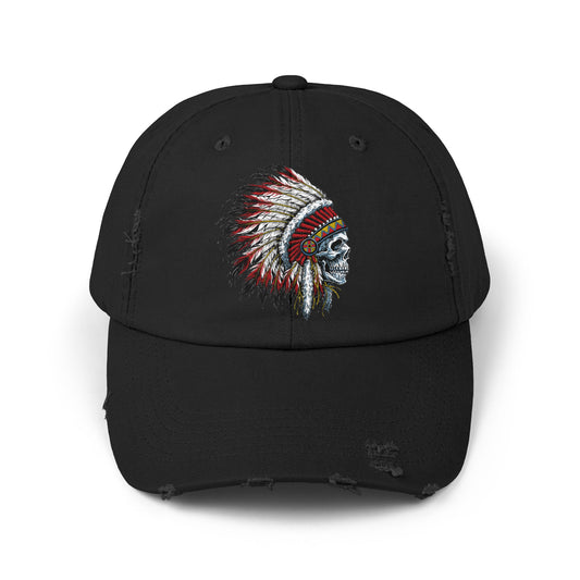 Unisex Distressed Cap with Skull and Native American Headdress Design