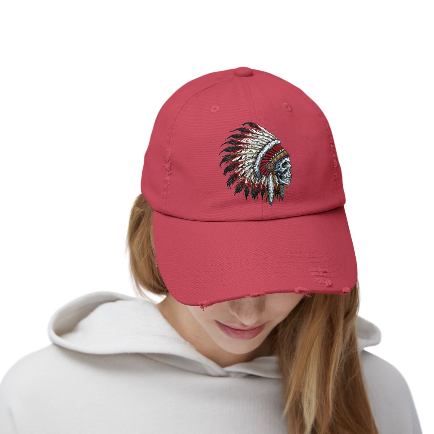 Unisex Distressed Cap with Skull and Native American Headdress Design
