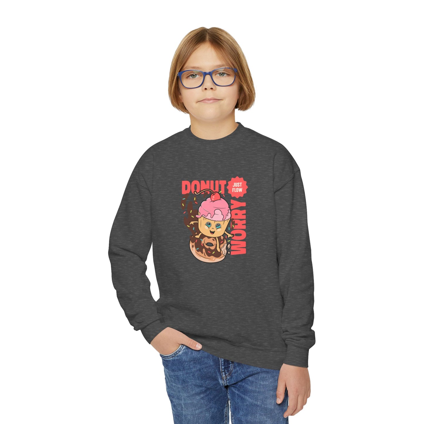 Youth Funny Cartoon Sweatshirt – “Donut Worry” Hoodie for Kids