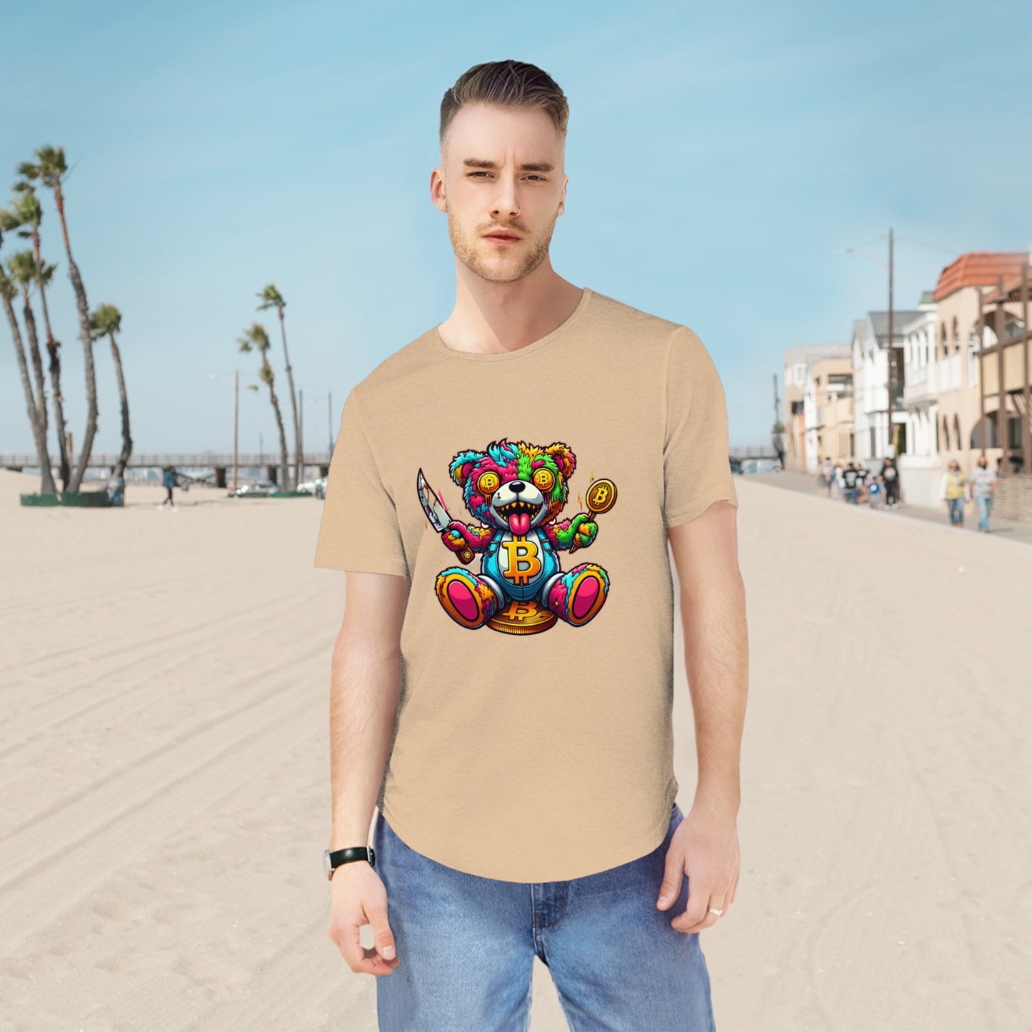 Cool Little Bear Graphic Men's Tee – Colorful Bear & Bitcoin Design