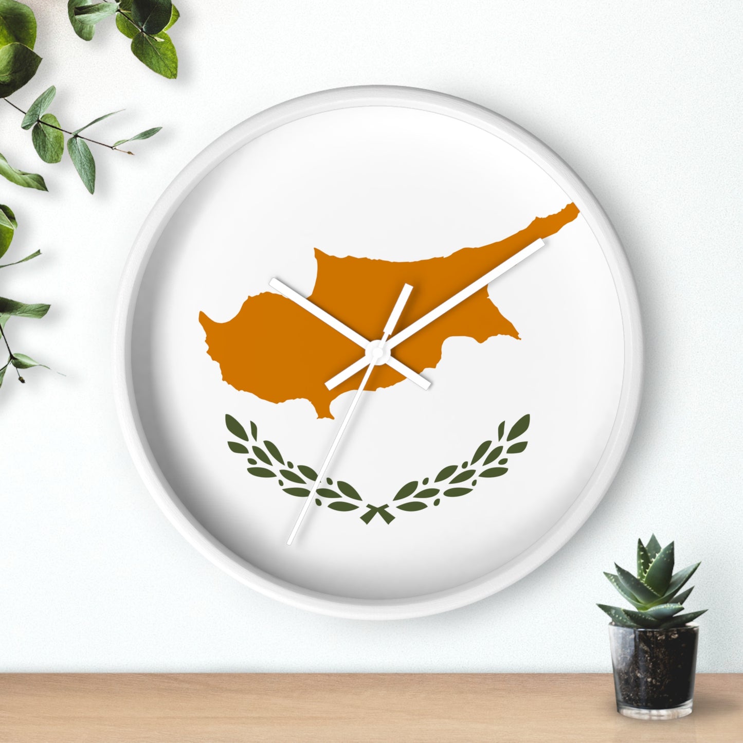 Cyprus Map Wall Clock - Modern Home Decor with Olive Wreath Design