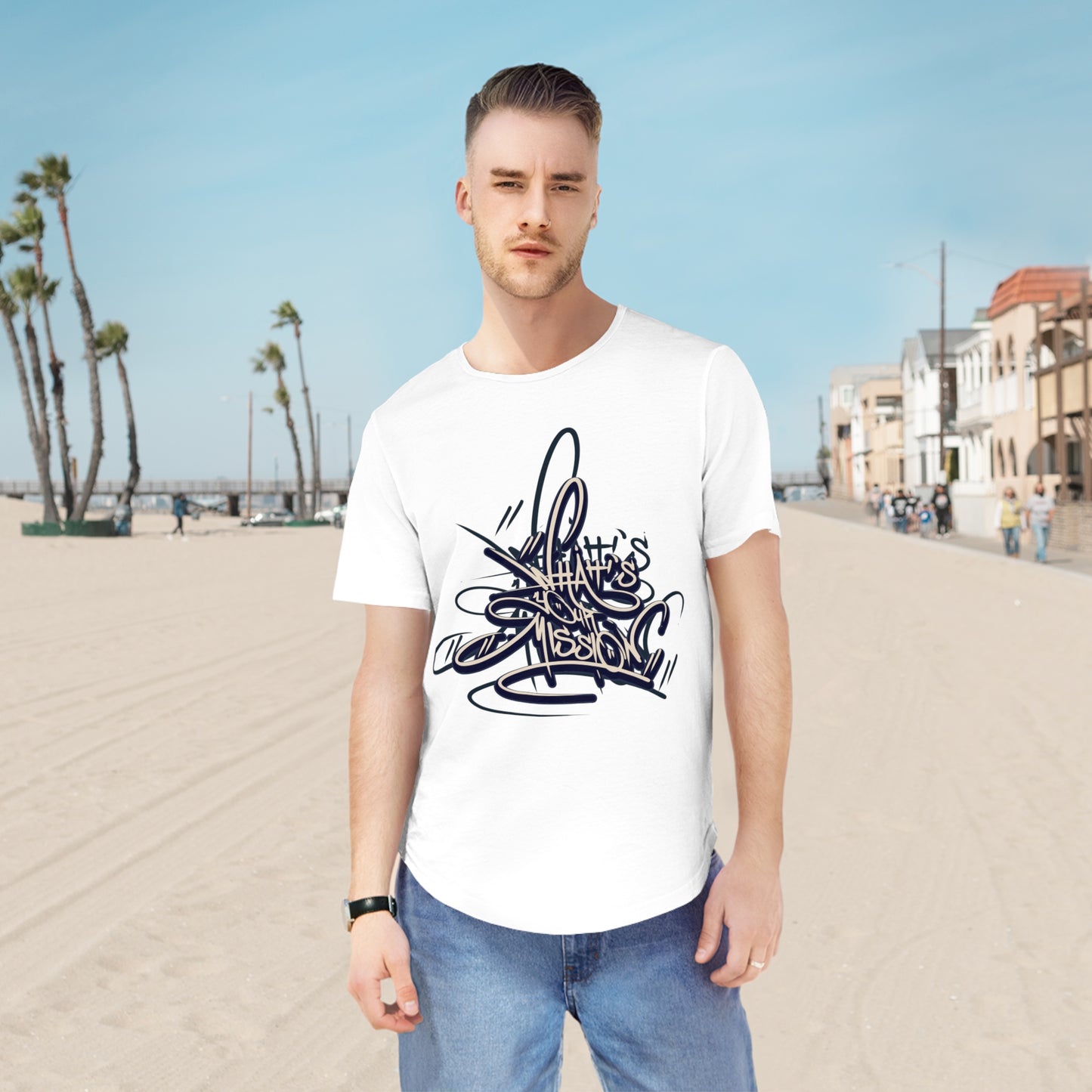 Graffiti Style Men's Curved Hem Tee - Streetwear Fashion