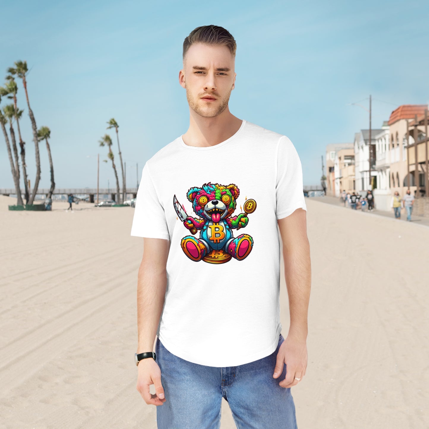 Cool Little Bear Graphic Men's Tee – Colorful Bear & Bitcoin Design