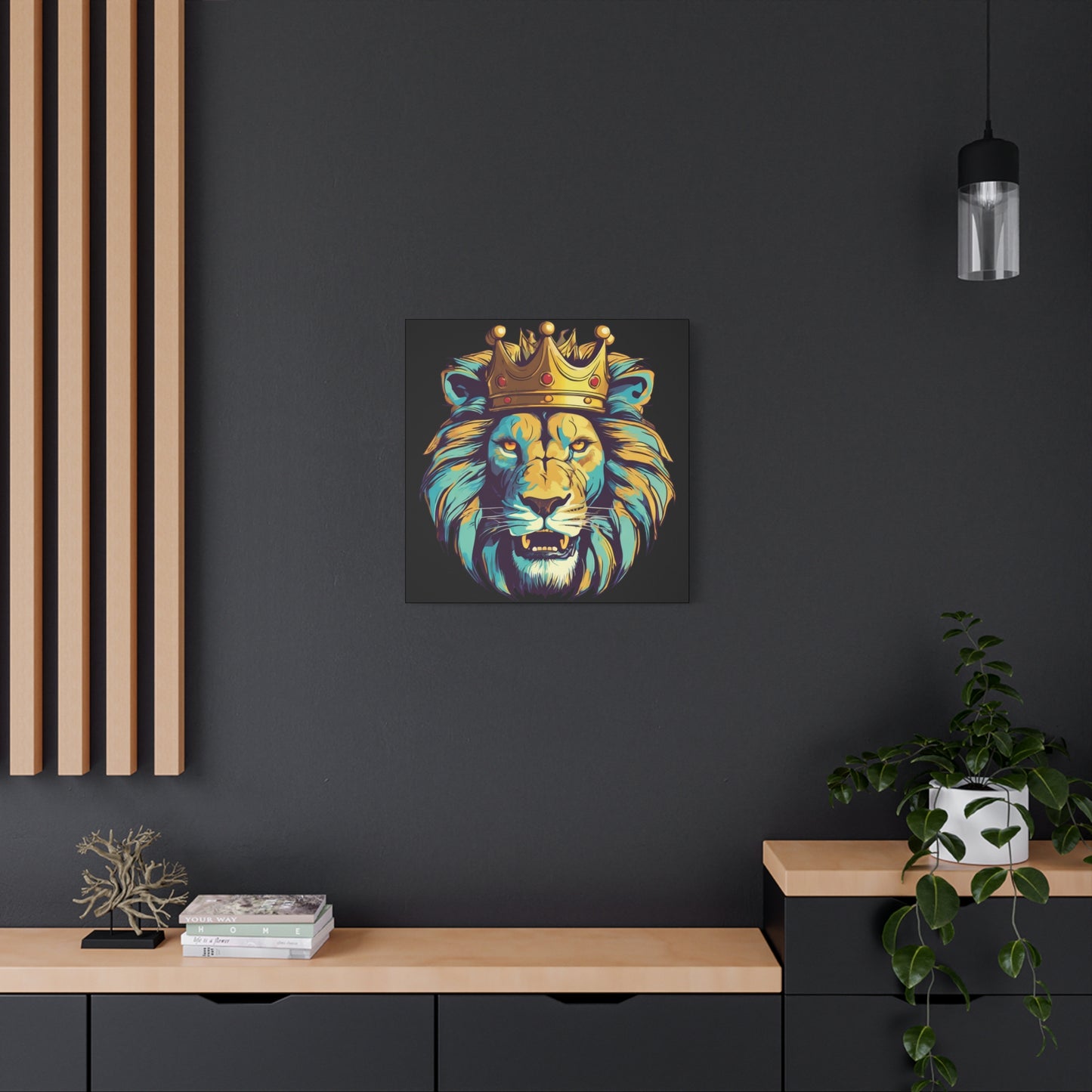 Majestic Lion Wall Art - Canvas Print with Crown - 12x12 Home Decor