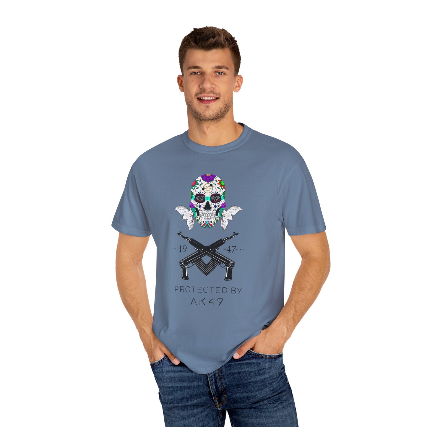 Men T-Shirt Floral Skull Design - Protected by AK47