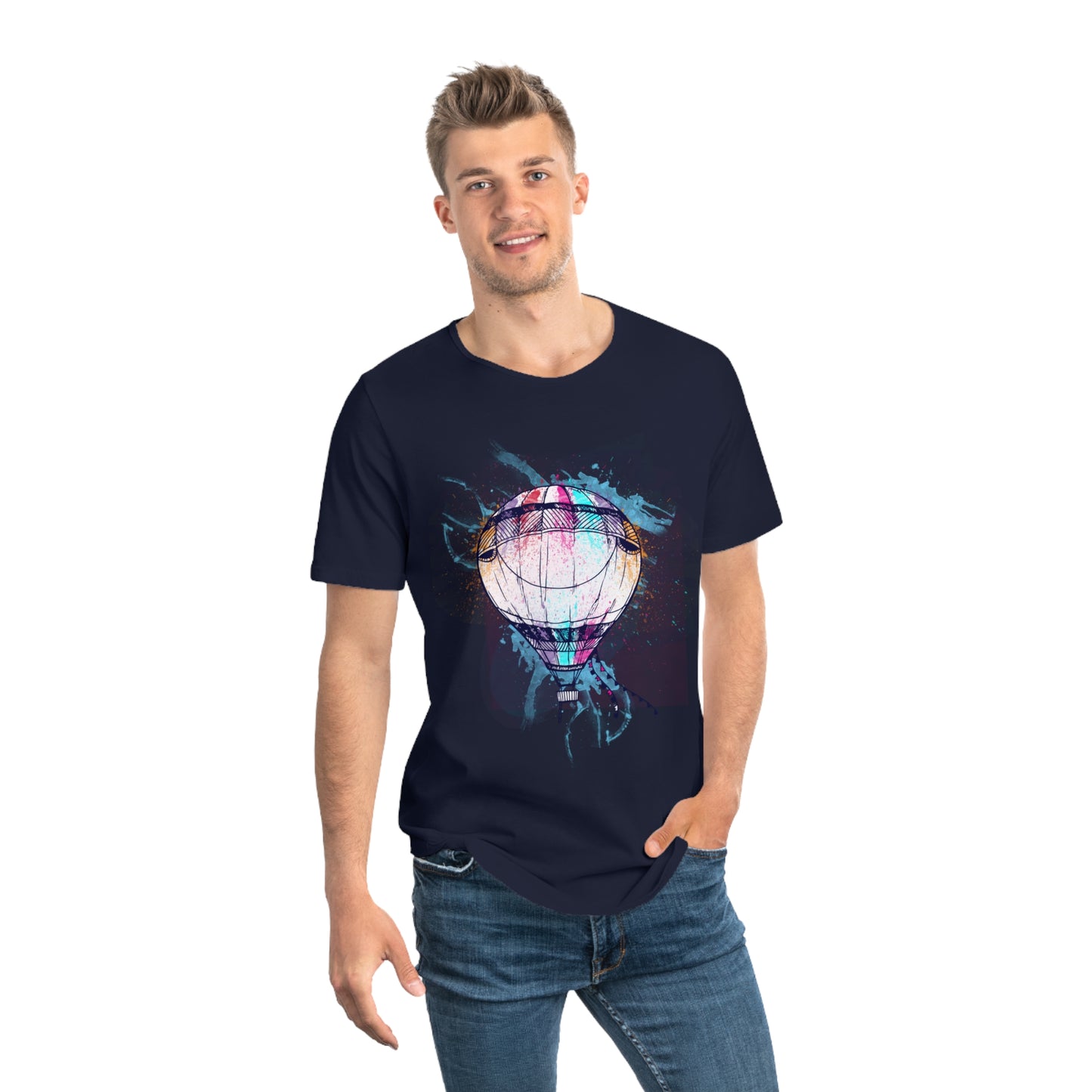 Men's T-shirt for Adventure Lovers Colorful Hot Air Balloon Curved Hem Tee