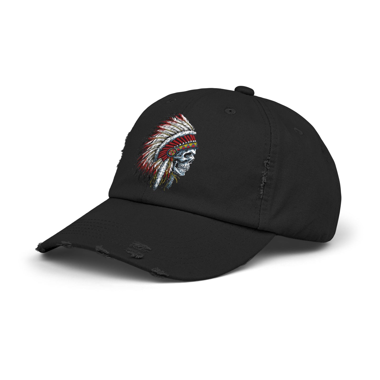 Unisex Distressed Cap with Skull and Native American Headdress Design