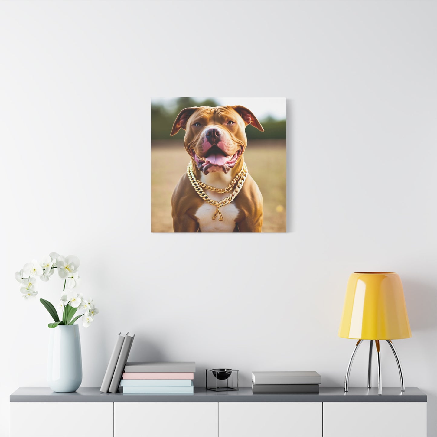 Pitbull with gold chain Canvas Wall Art - 12x12" Stretched Matte Print